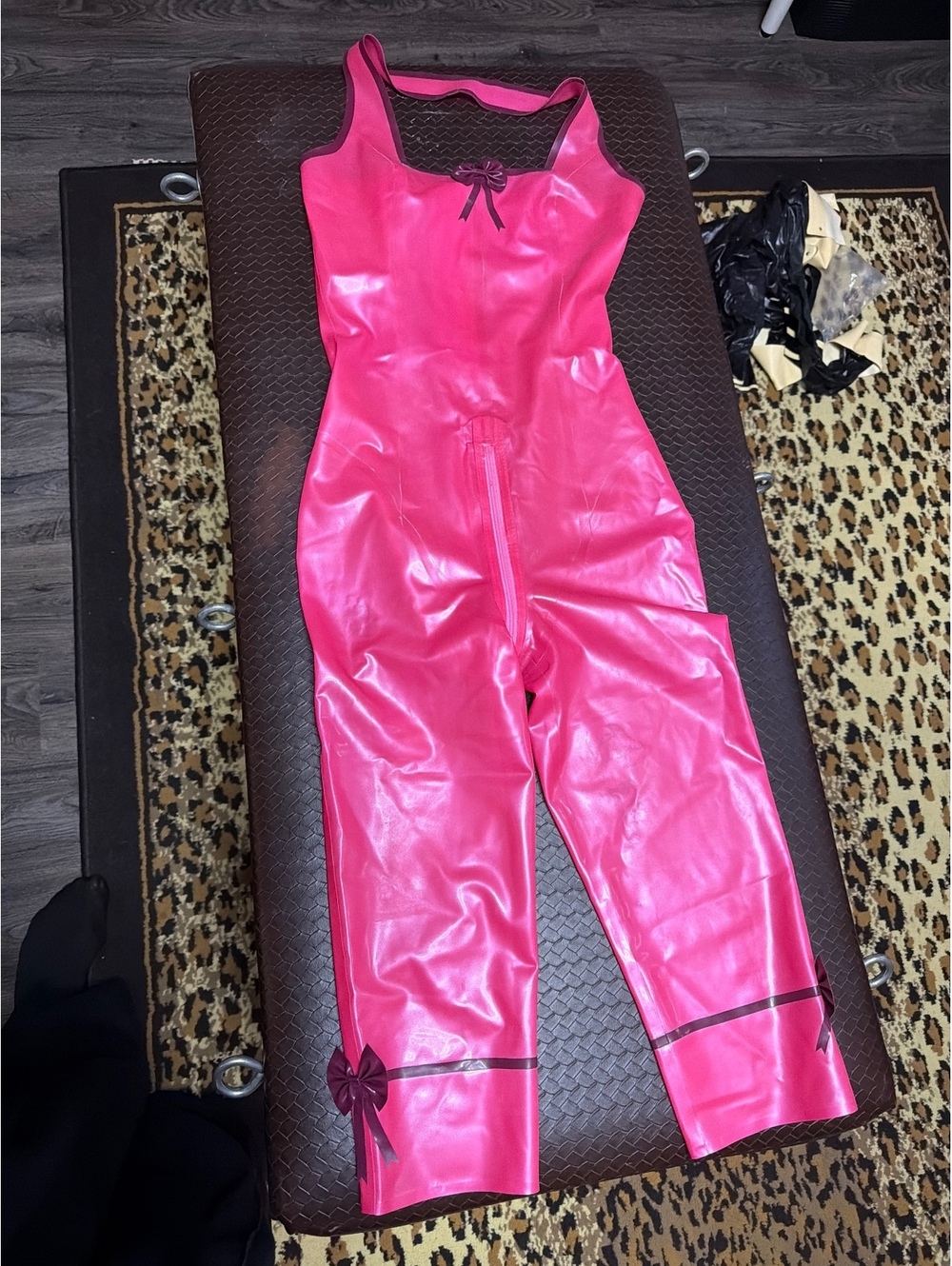 Metallic pink capri length halter catsuit